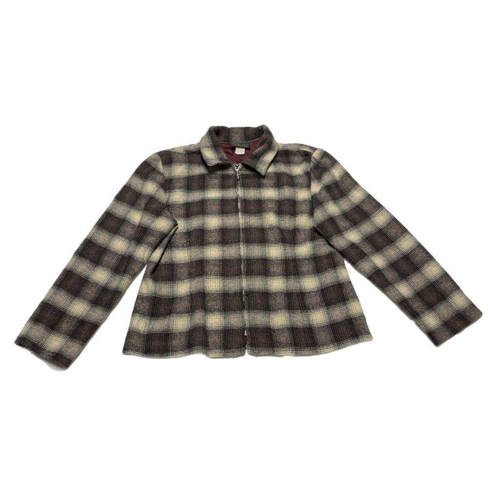 Vintage David Paul New York Brown and Tan Plaid Zip-Up Wool Blend Jacket